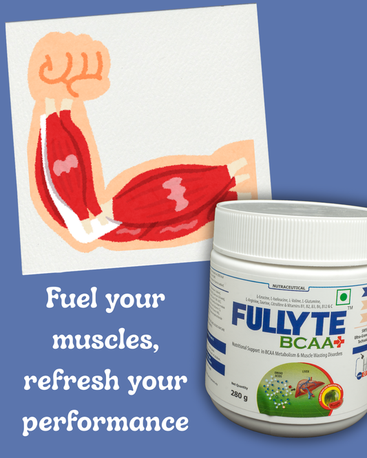 FULLYTE BCAA supplement container and packaging on a blue background