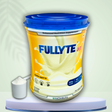 Fullyte supplement container with a scoop of powder on a light green background