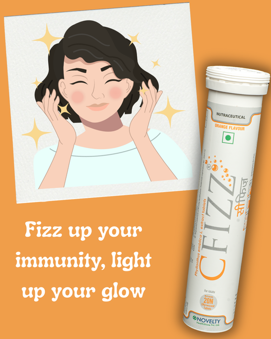 Three Cfizz tubes on a decorative stand with an orange and white abstract design in the background.