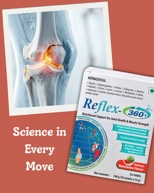 Reflex-360+ nutritional supplement package on a gray platform with a blue gradient background