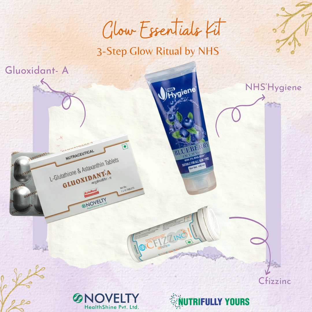 Glow Essentials Kit with Gluoxidant-A, Cfizzinc and NHS'Hygiene, 3 step glow ritual that helps skin glow, shine, get rid of acne.