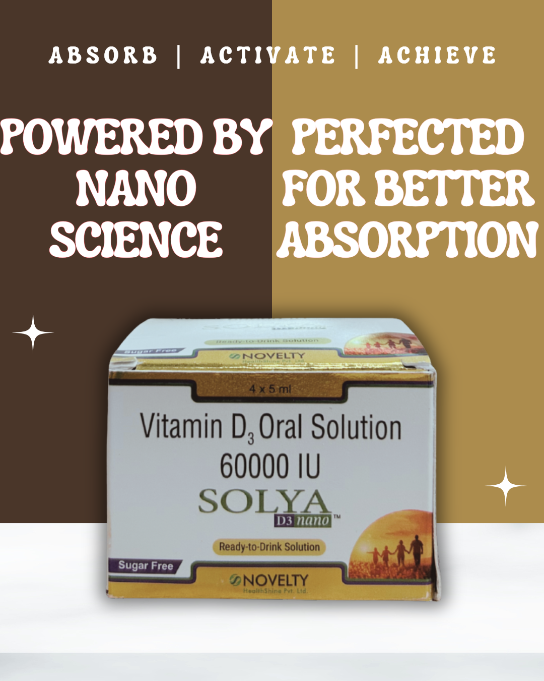 Solya Vitamin D3 Oral Solution packaging with text about powered by nano science and perfected for better absorption.
