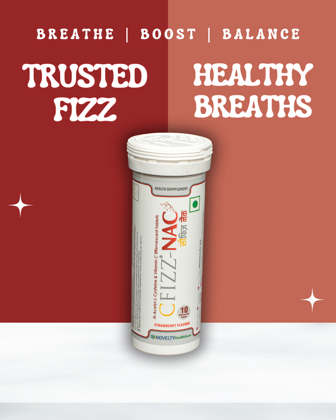 Tube of Cfizz-NAC with text 'Breathe Boost Balance Trusted Fizz Healthy Breaths' on a red and orange background