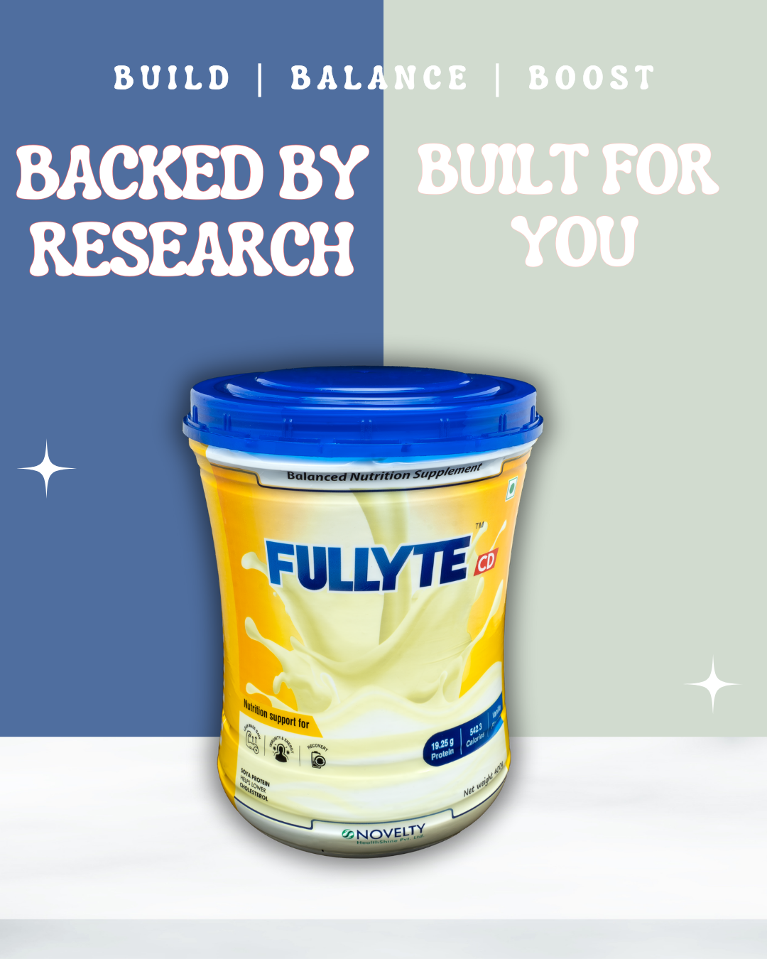 Fullyte supplement container with blue lid on a two-tone background and Build, Balance, Boost written on it