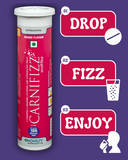 Carnifizz supplement tube with 'Drop, Fizz, Enjoy' text on a purple background