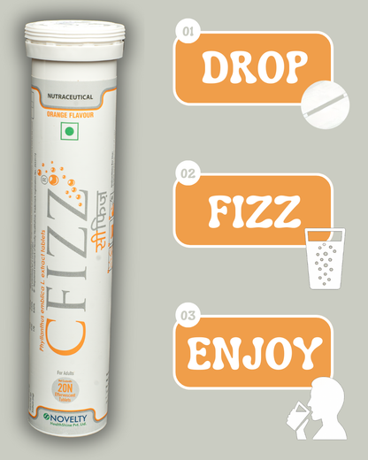 Tube of Cfizz supplement with orange flavor on a gray background and drop, fizz, enjoy written