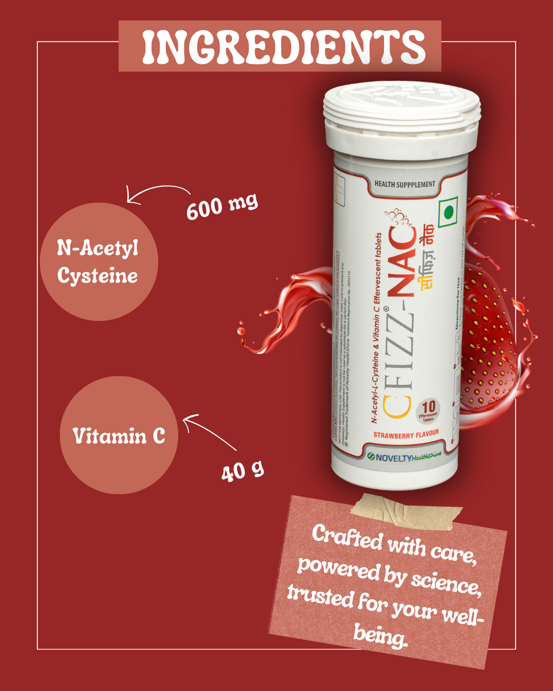 Cfizz-NAC is a blend of N-Acetyl Cysteine and Vitamin C written on a red background