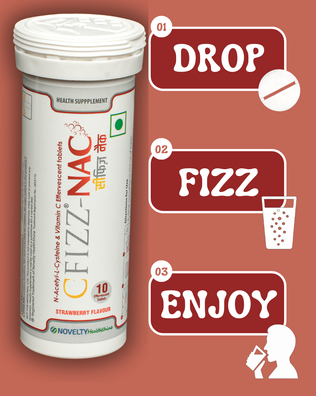 Container of Cfizz-NAC with instructions to drop, fizz, and enjoy on a red background