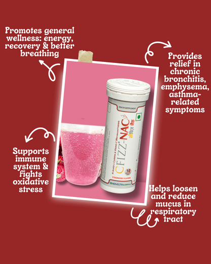 Cfizz-NAC promotes general wellness: energy, recovery & better breathing, helps loosen & reduce mucus in respiratory tract also supporting immune system & fights oxidative stress