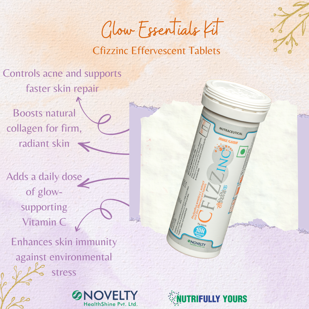 Cfizzinc Effervescent tablets control acne and support faster skin repair. It also helps boost natural collagen for firm, radiant skin, adding a daily dose of glow-supporting vitamin C. It also enhances skin immunity against environmental stress