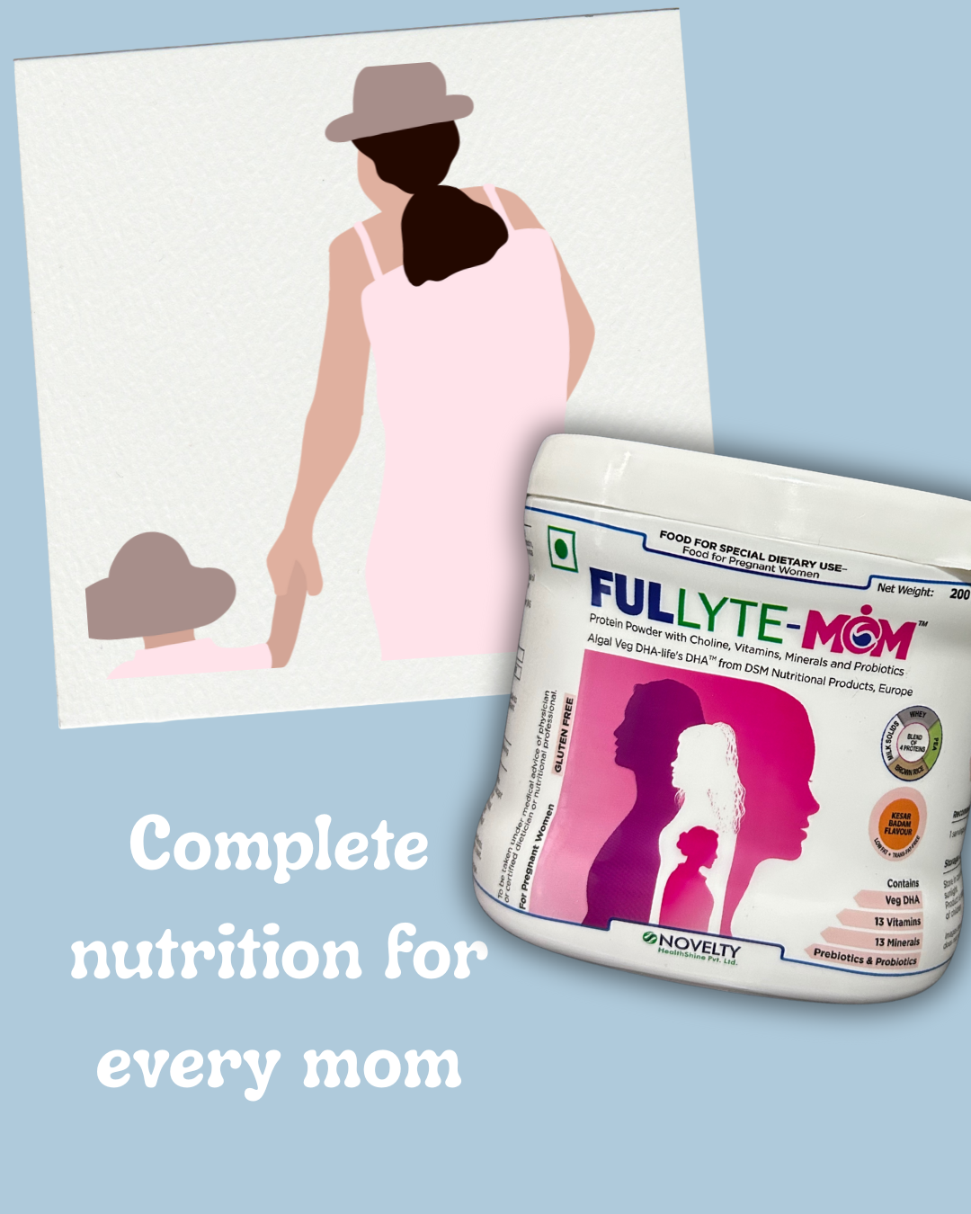FULLYTE-MOM supplement container with a silhouette of a woman on a light blue background text reading Complete Nutrition for every mom