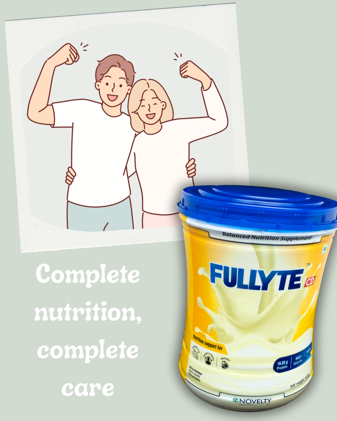 Supplement container labeled 'FULLYTE TRIO' with a text on a complete nutrition, complete care on a blue background.