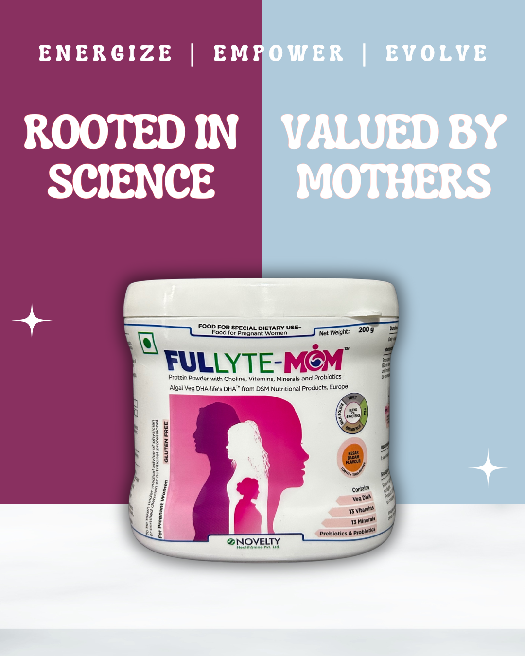 FULLYTE-MOM product container with motivational text as energize, empower and evolve on a two-tone background