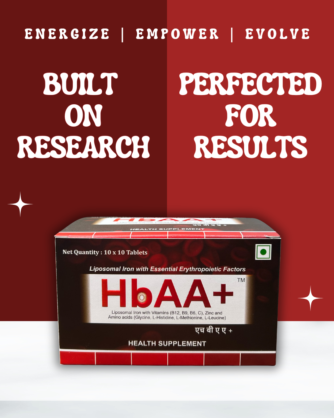 HbAA+ health supplement box with built on research, perfected for results text on a red and white background