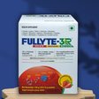 Fullyte-3R health supplement box on a wooden stand with a blue background