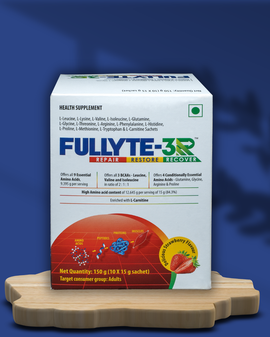 Fullyte-3R health supplement box on a wooden stand with a blue background