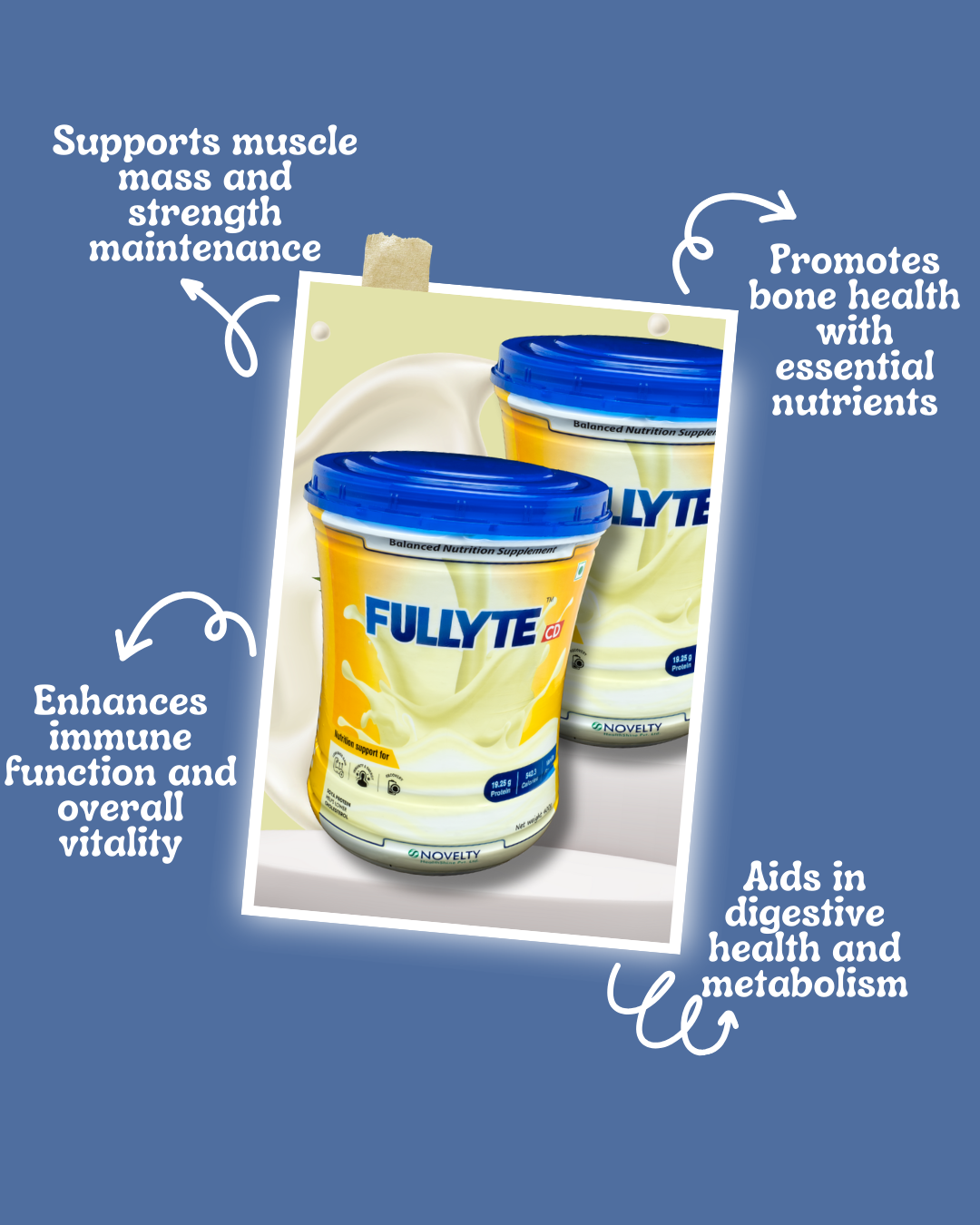 Fullyte CD supports muscle mass & strength maintenance promoting bone health with essential nutrients enhancing immune function and overall vitality aiding in digestive health & metabolism
