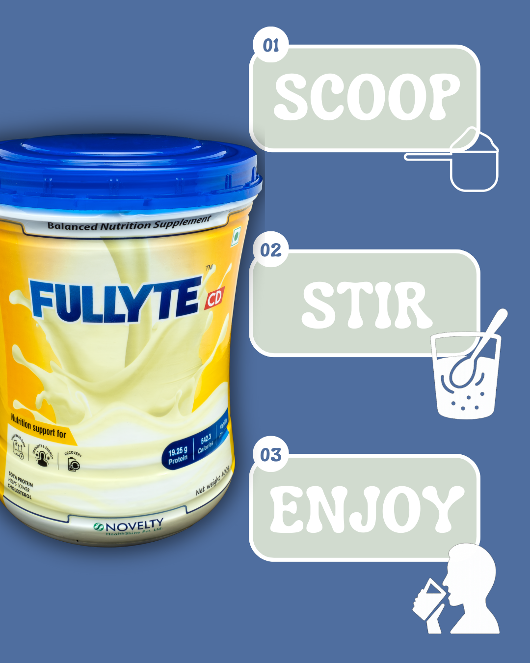 Fullyte supplement container with instructions as Scoop, Stir and Enjoy on a blue background