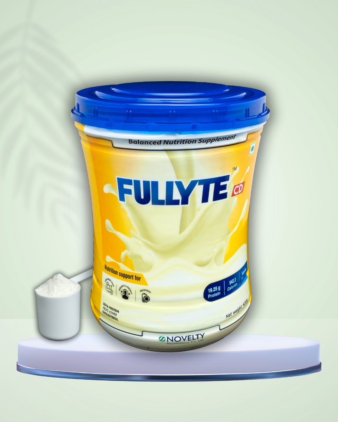 Fullyte supplement container with a scoop of powder on a light green background