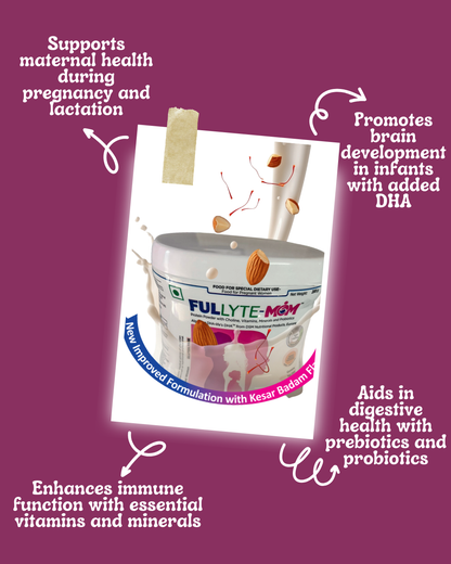 FULLYTE-Mom container with health benefits text as supports maternal health during pregnancy & lactaction, promotes brain development in infants with added DHA, enhances immune function with essential vitamins and minerals also aiding in digestive health and prebiotics plus probiotics on a purple background