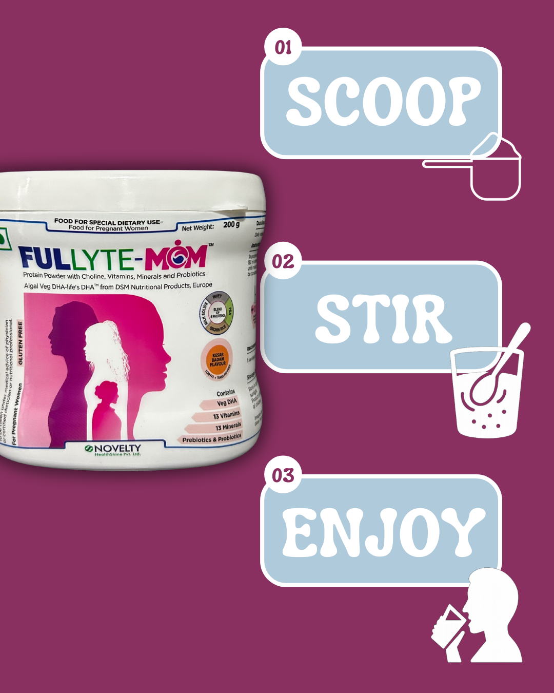 Fullyte-Mom protein powder container with instructions saying scoop stir and enjoy on a purple background