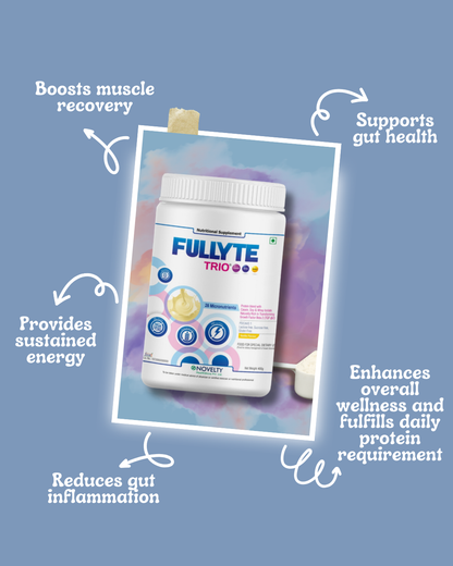 Fullyte Trio boosts muscle recovery, supports gut health, provides sustained energy, enhances overall wellness and fulfills daily protein requirement which reducing gut inflammation