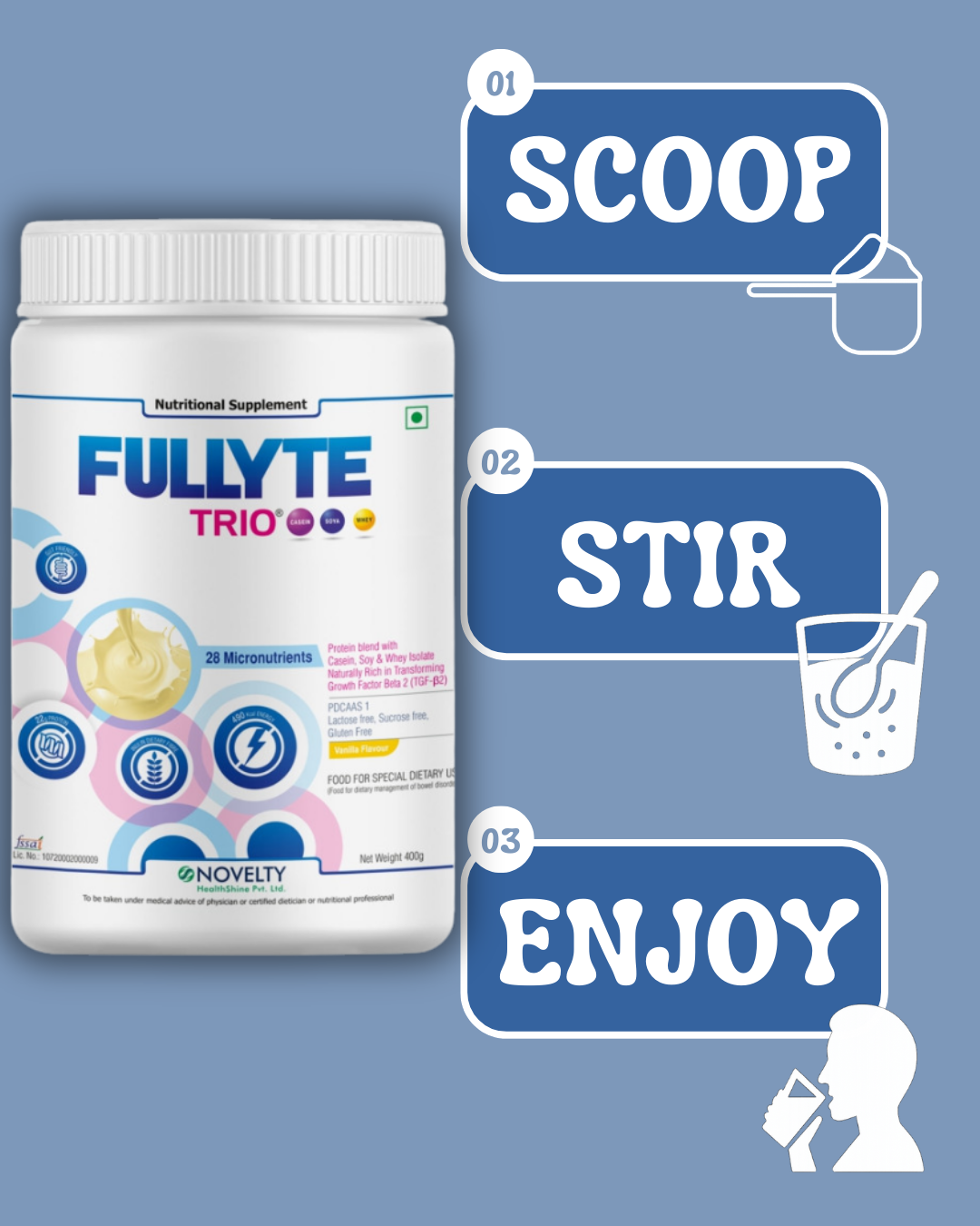 Fullyte Trio supplement container with instructions as scoop, stir and enjoy on a blue background