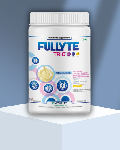 Fullyte Trio supplement container on a gradient blue background