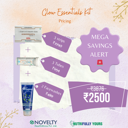 Glow Essentials Kit with pricing details on a light purple background. The glow kit being on a mega savings alert at 2500 instead of 3876!