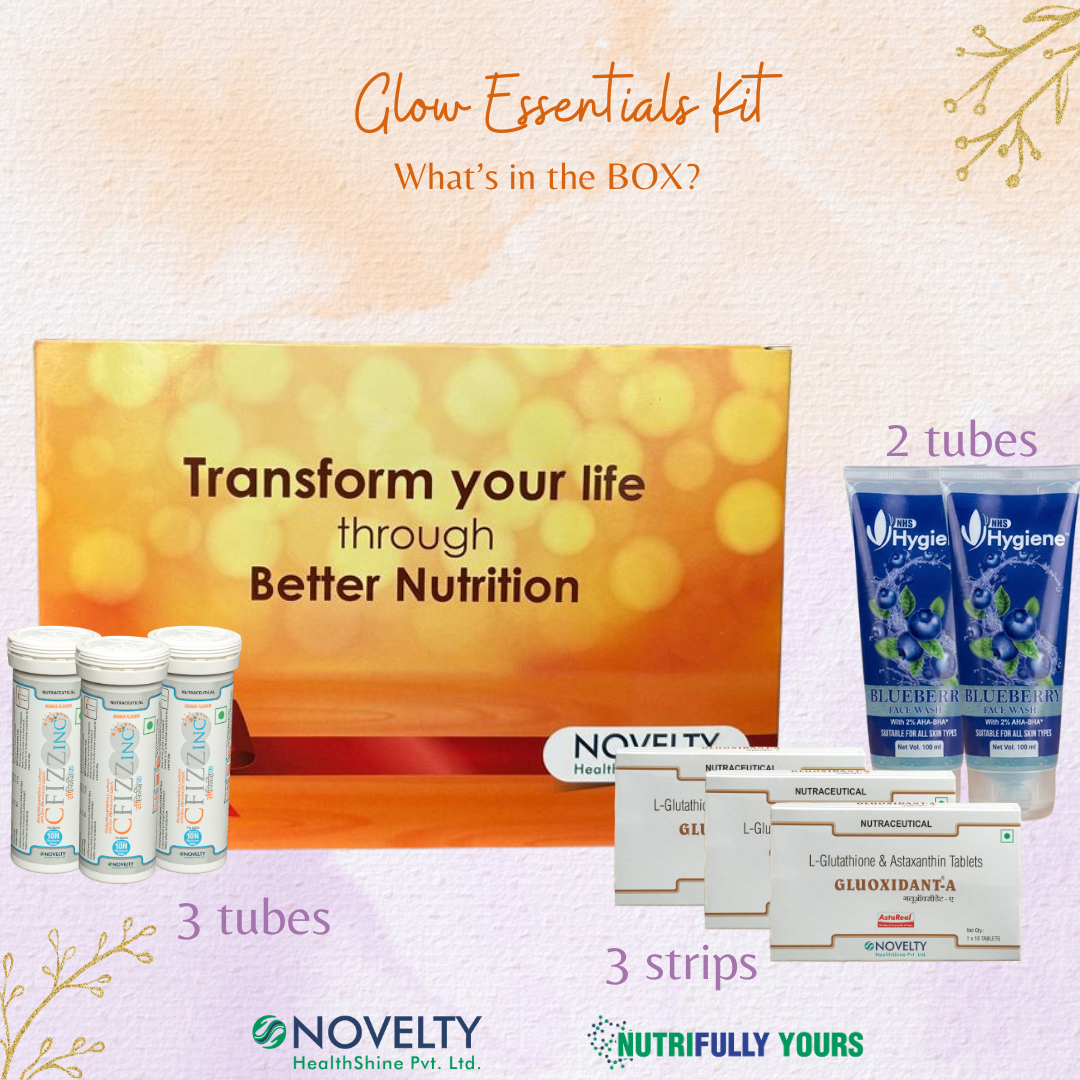 Glow Essentials Kit with 3 cfizzinc tubes, 3 gluoxidant-A tablets and 2 NHS'Hygiene Blueberry Facewash on a gradient background