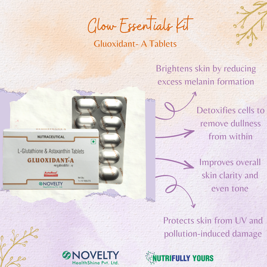 Glow Essentials Kit with Gluoxidant-A, Cfizzinc and NHS'Hygiene, 3 step glow ritual that helps skin glow, shine, get rid of acne.
