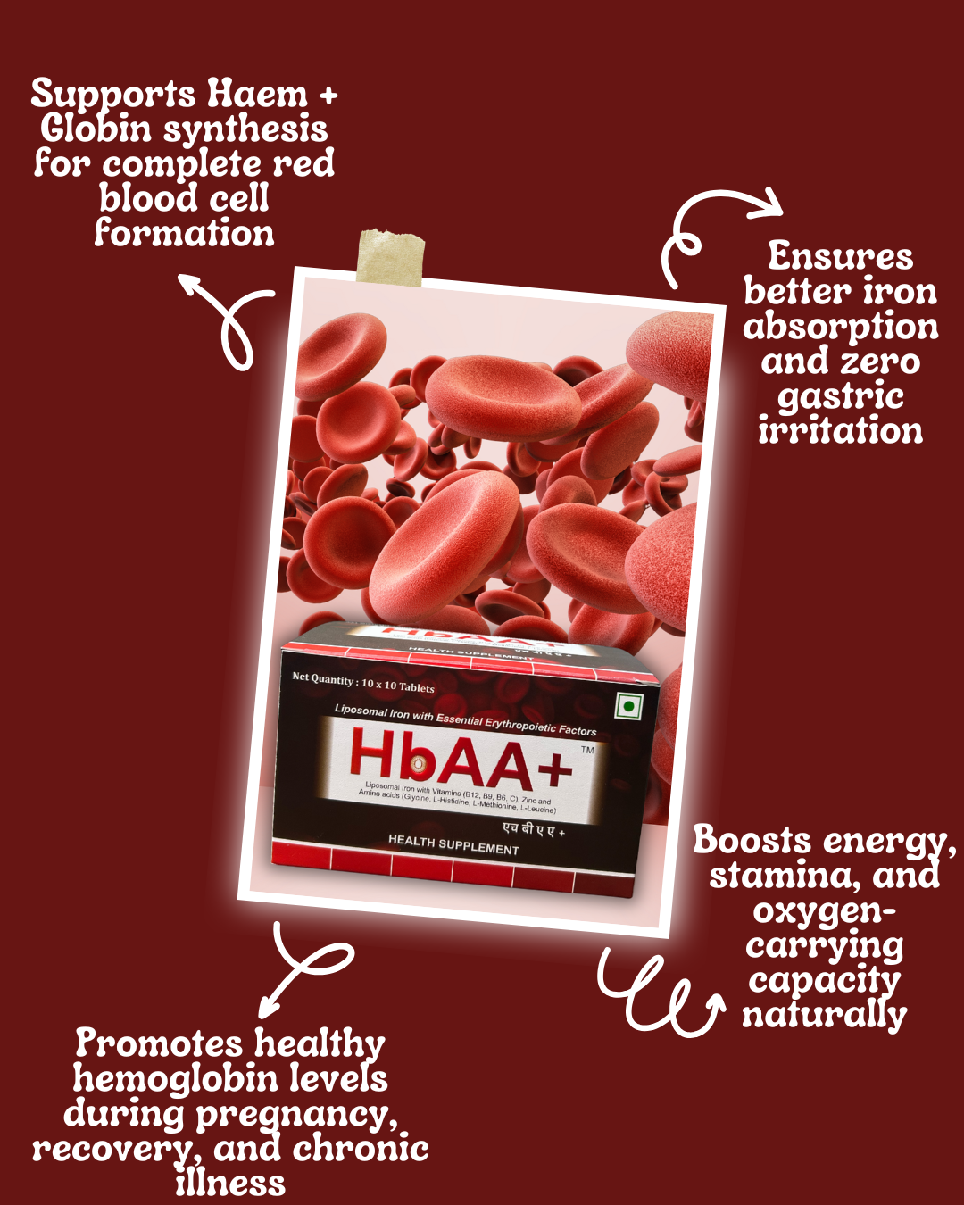 HbAA+ health supplement packaging with red blood cell illustration on a red background and text showing uses- supports Haem and Golbin synthesis for complete red blood cell formation, ensuring better iron absorption and zero gastric irritation, boosting energy, stamina, and oxygen carrying capacity naturally also promoting healthy hemoglobin levels during pregnancy, recovery and chronic illness