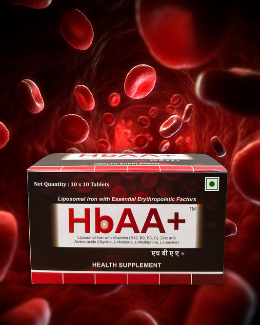 HBAA+ health supplement box with red blood cell background