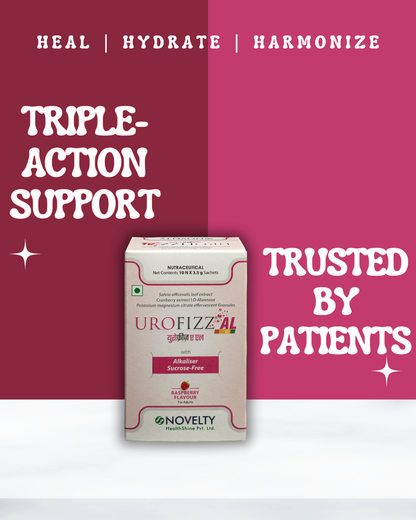 Urofizz Al box with 'Heal', 'Hydrate', 'Harmonize' text on a pink and red background