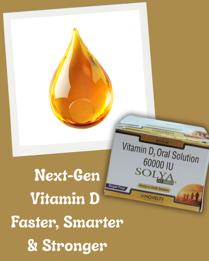 SOLYA Vitamin D3 Oral Solution packaging with a droplet graphic on a brown background and text as Next Gen Vitamin D, Faster, Smarter & Stronger