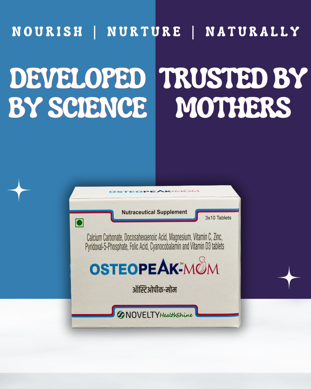 Osteopeak-Mom supplement box with Nourish, Nurture and Naturally, developed by science & trusted by mothers on a blue and purple gradient background