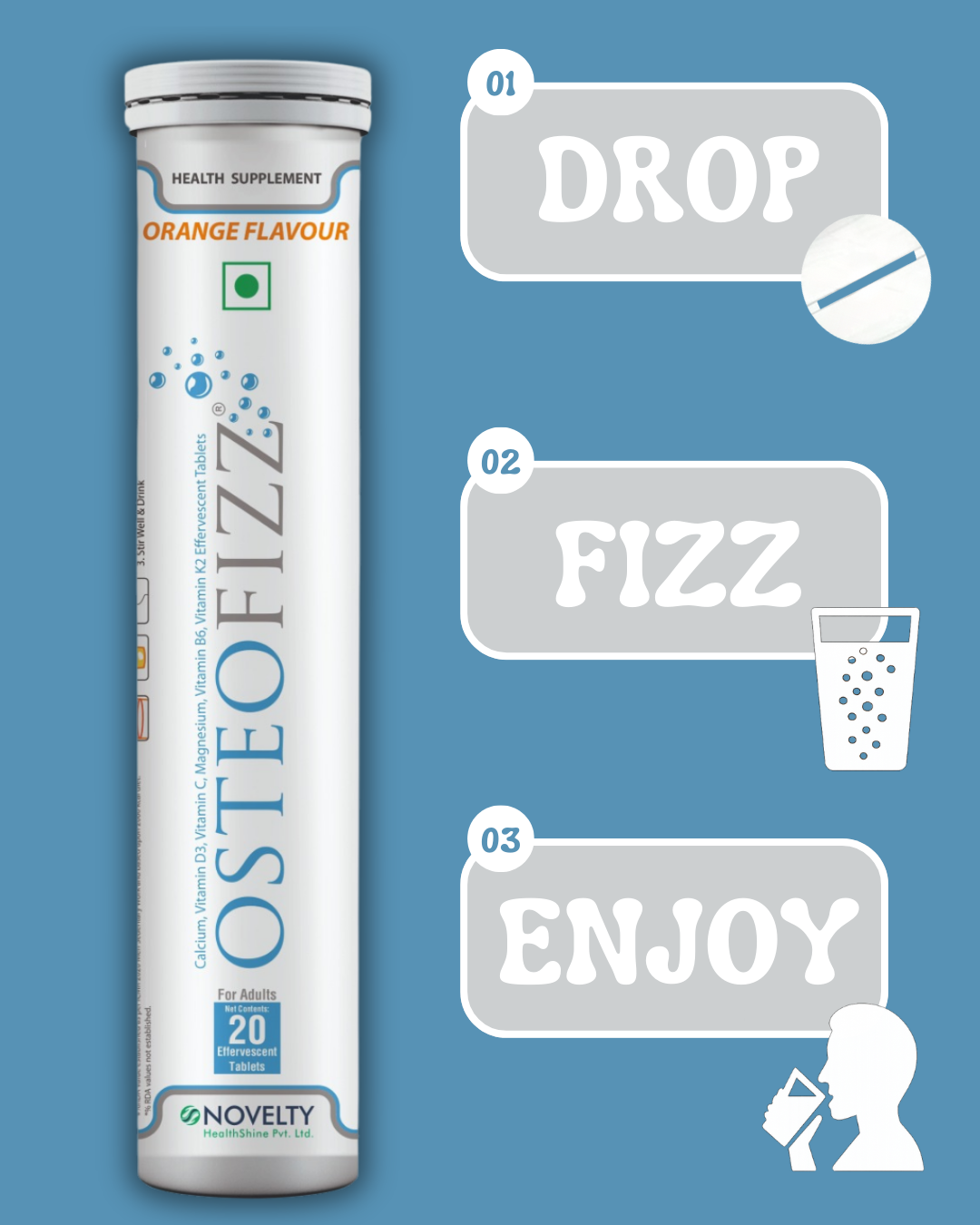 Osteofizz supplement tube with Drop, Fizz & Enjoy on a blue background