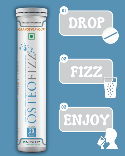 Osteofizz supplement tube with Drop, Fizz & Enjoy on a blue background