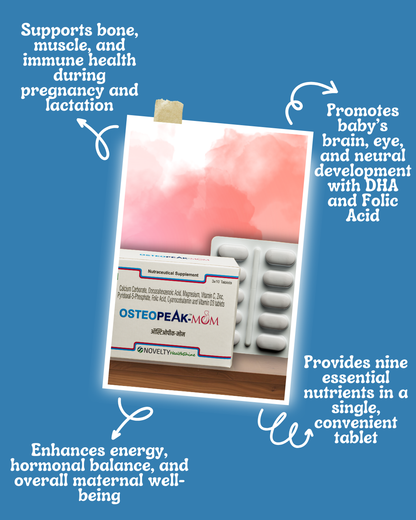 Osteopeak-Mom supplement packaging with text as supports bone, muscles, and immune health during pregnancy and lactation, promotes baby's brain, eye and neural development with DHA & Folic Acid, provides nine essential nutrients in a single, convenient tablet, enhances energy, hormonal balance, and overall maternal well being on a blue background