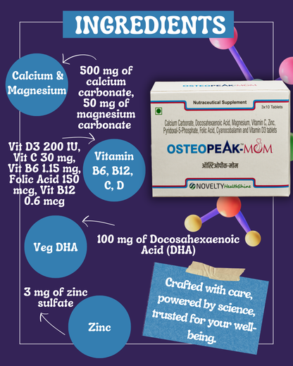 Osteopeak Mom supplement packaging with ingredient list on a purple background (Calcium & Magnesium, Vitamin B6,B12,C,D, Veg DHA, Zinc)