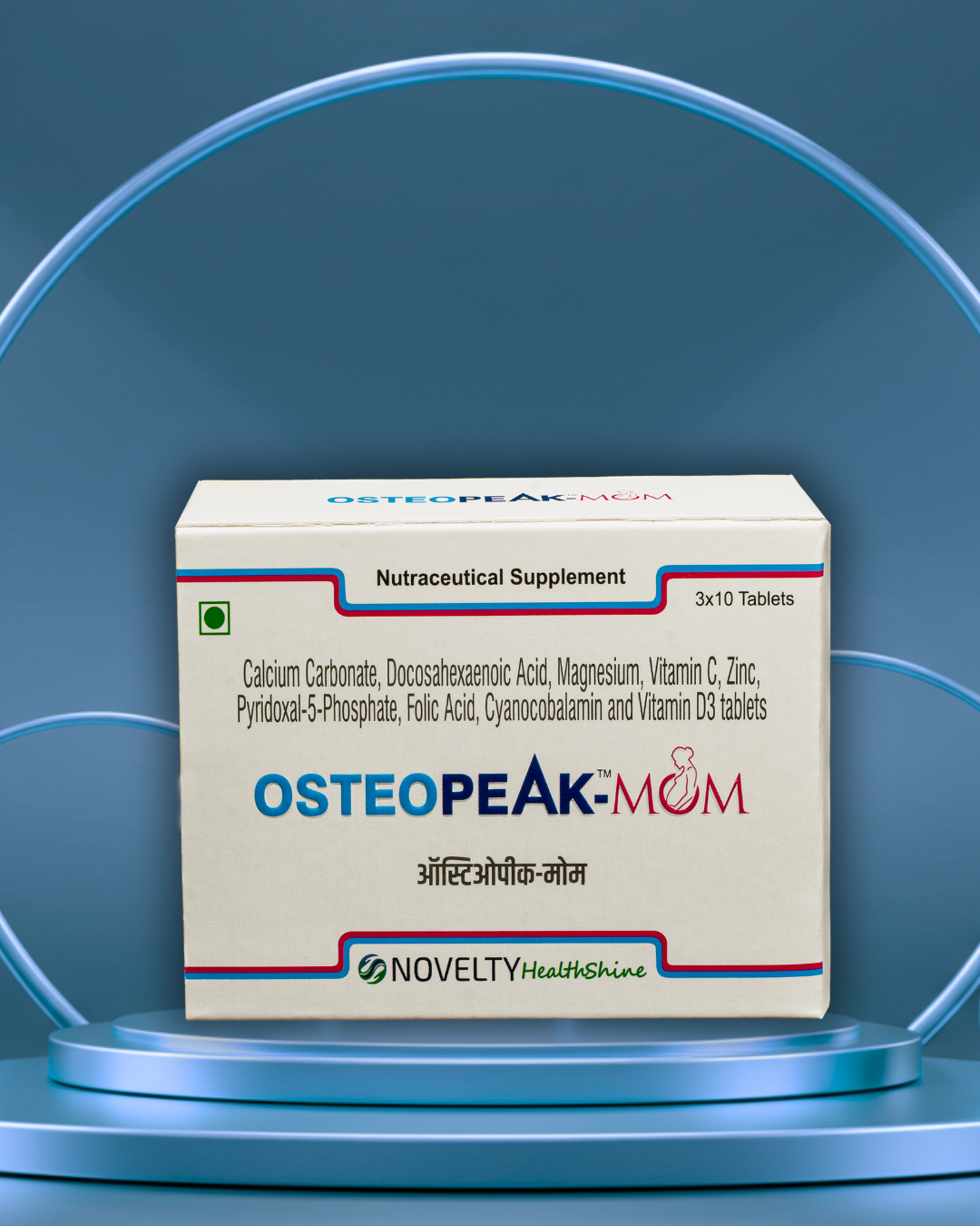 Box of Osteopeak Mom supplement on a blue background