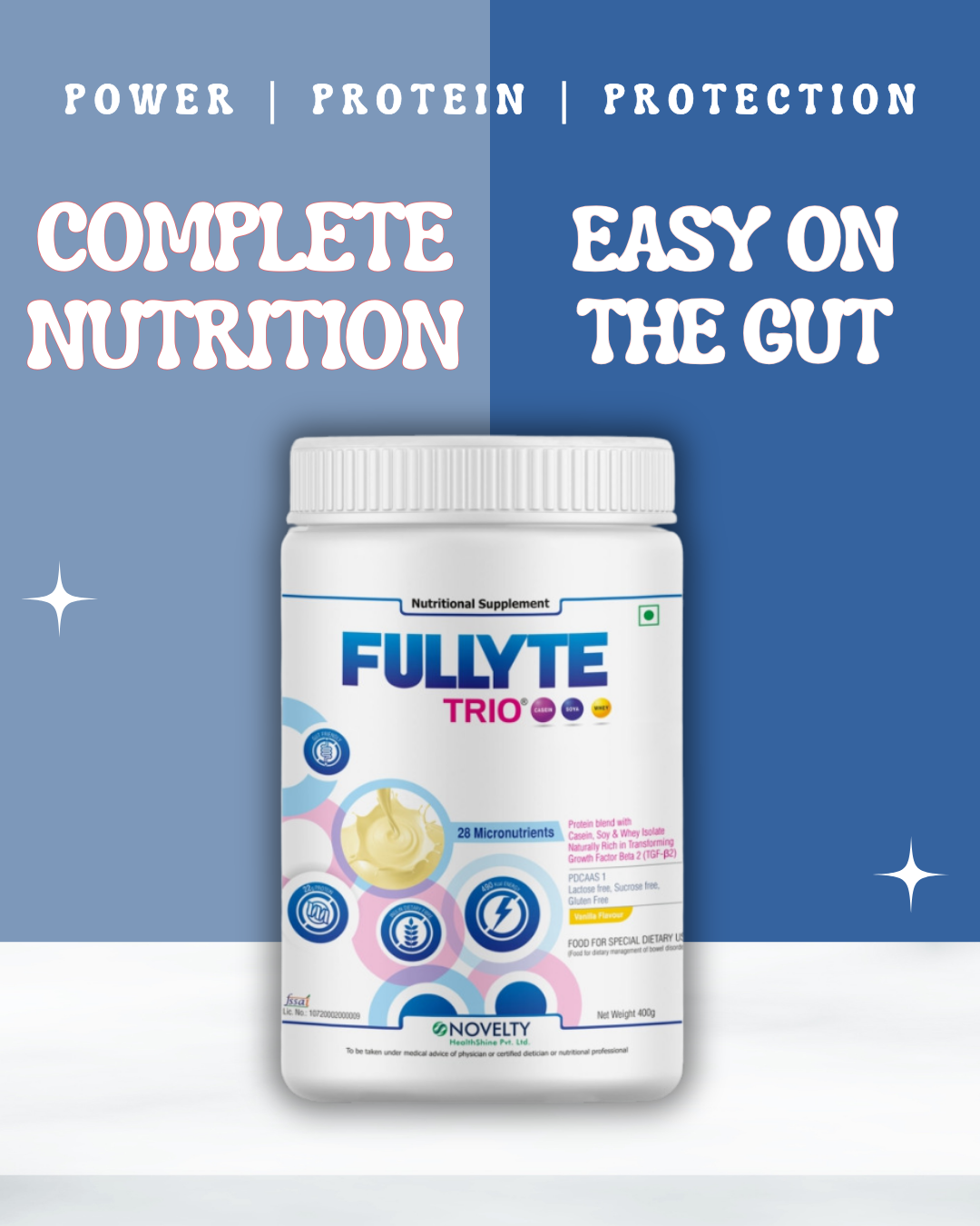 Fullyte Trio supplement container with Power, Protein and Protection  text on a blue and white background