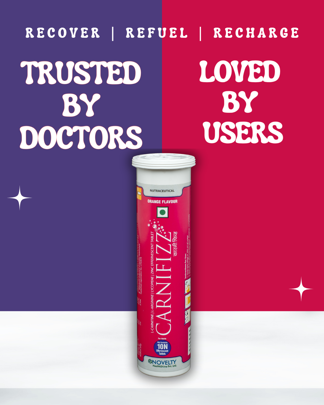Carnifizz supplement tube with text 'Recover, Refuel, Recharge' on a two-tone background