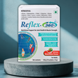 Reflex-360+ nutritional supplement package on a gray platform with a blue gradient background