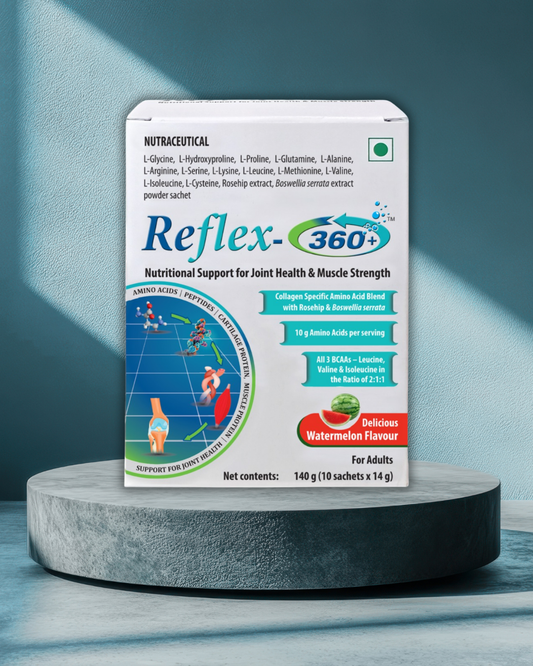 Reflex-360+ nutritional supplement package on a gray platform with a blue gradient background