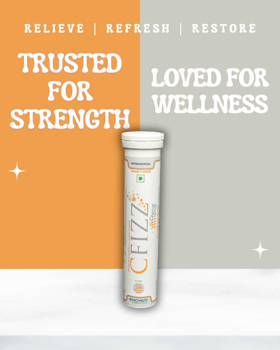 Cfizz supplement tube with Relieve, Refresh & Restore on an orange and gray background