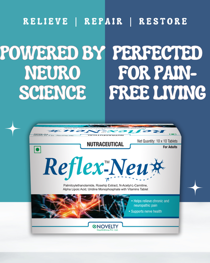 Box of Reflex-Neu supplement with text on a blue and white background saying powered by neuro science, perfected for pain free living