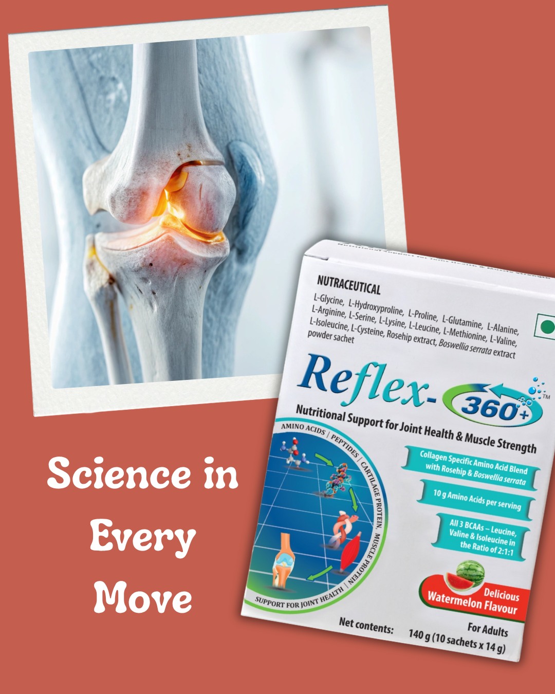 Knee joint with arthritis and Reflex 360 supplement packaging on a red background with Science in Every Move text