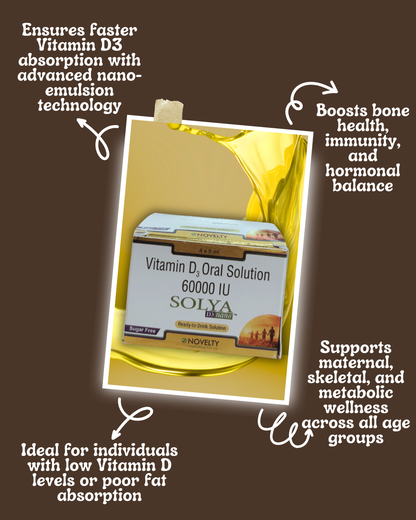 Solya Vitamin D3 oral solution packaging with text highlighting benefits on a brown background as ensures fast absorption of vitamin D3 using nano technology, boosting bone health, immunity & hormonal balancer, supports maternal, skeletal and metabolic wellness across all age groups, ideal for individuals with low levels/ absorption of Vitamn D3