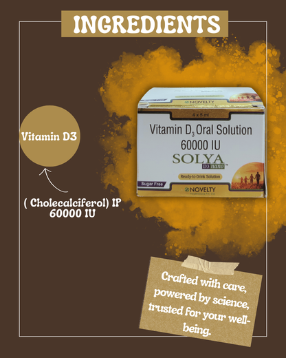 Vitamin D3 oral solution packaging with ingredients listed as Vitamin D3 Cholecalciferol IP 60000 IU on a brown background